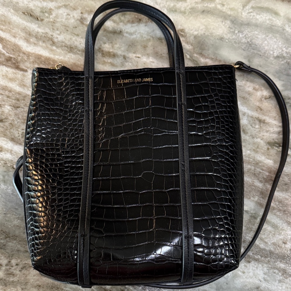 Elizabeth and James Black Croc-Embossed Tote with Detachable Strap